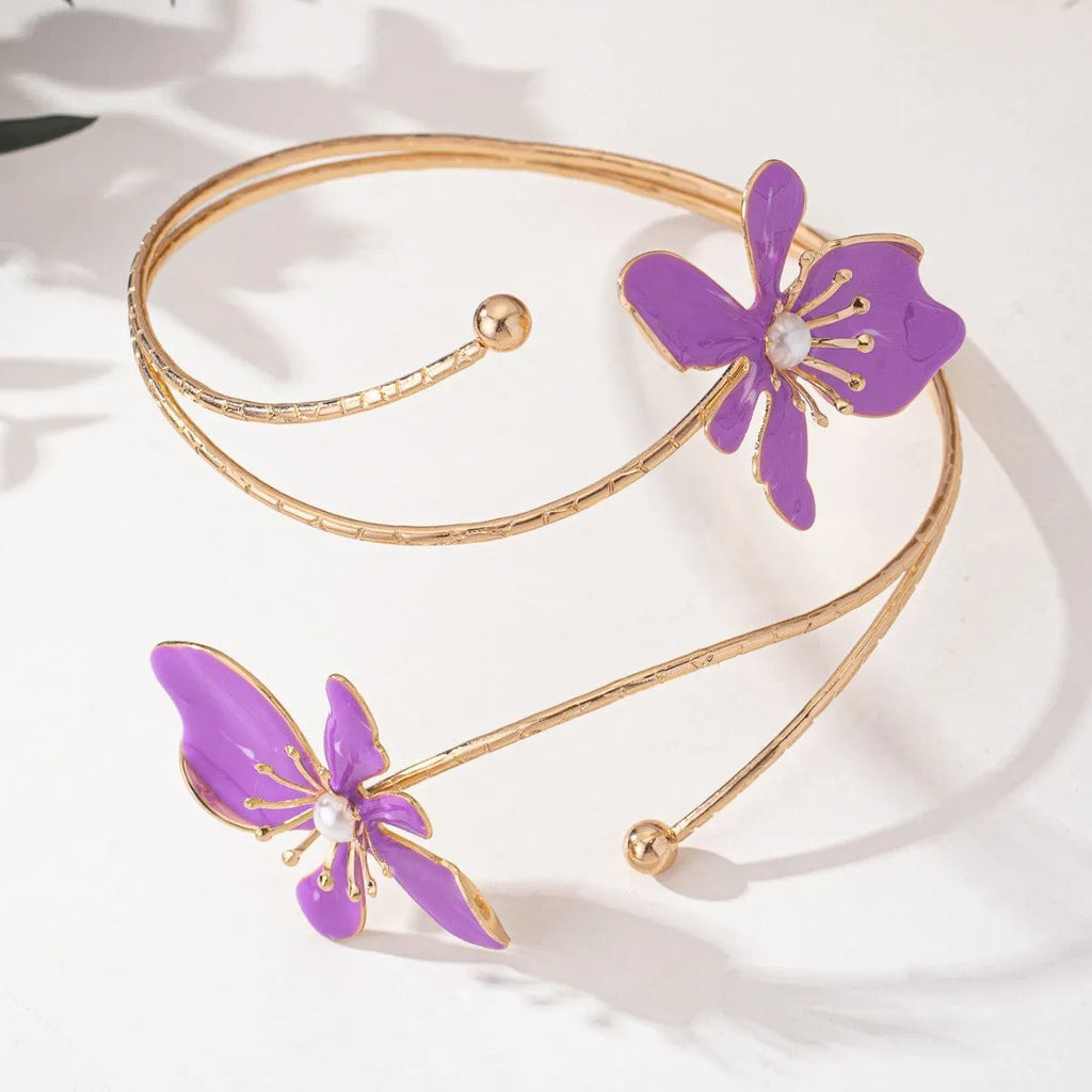 Alloy armband with hollow line pattern in pink or purple metallic finish