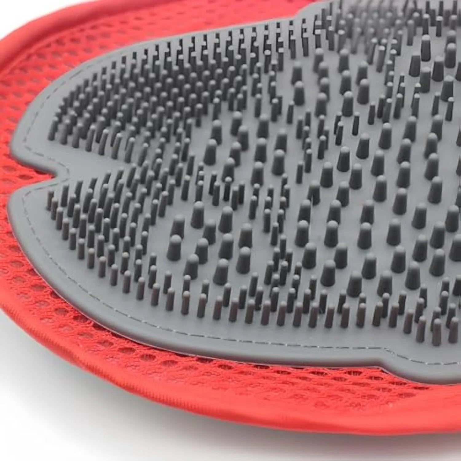 Red pet grooming glove with silicone bristles for washing and hair removal