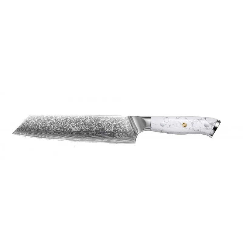 VG10 Damascus steel chef's knife with 21cm blade on a kitchen counter.