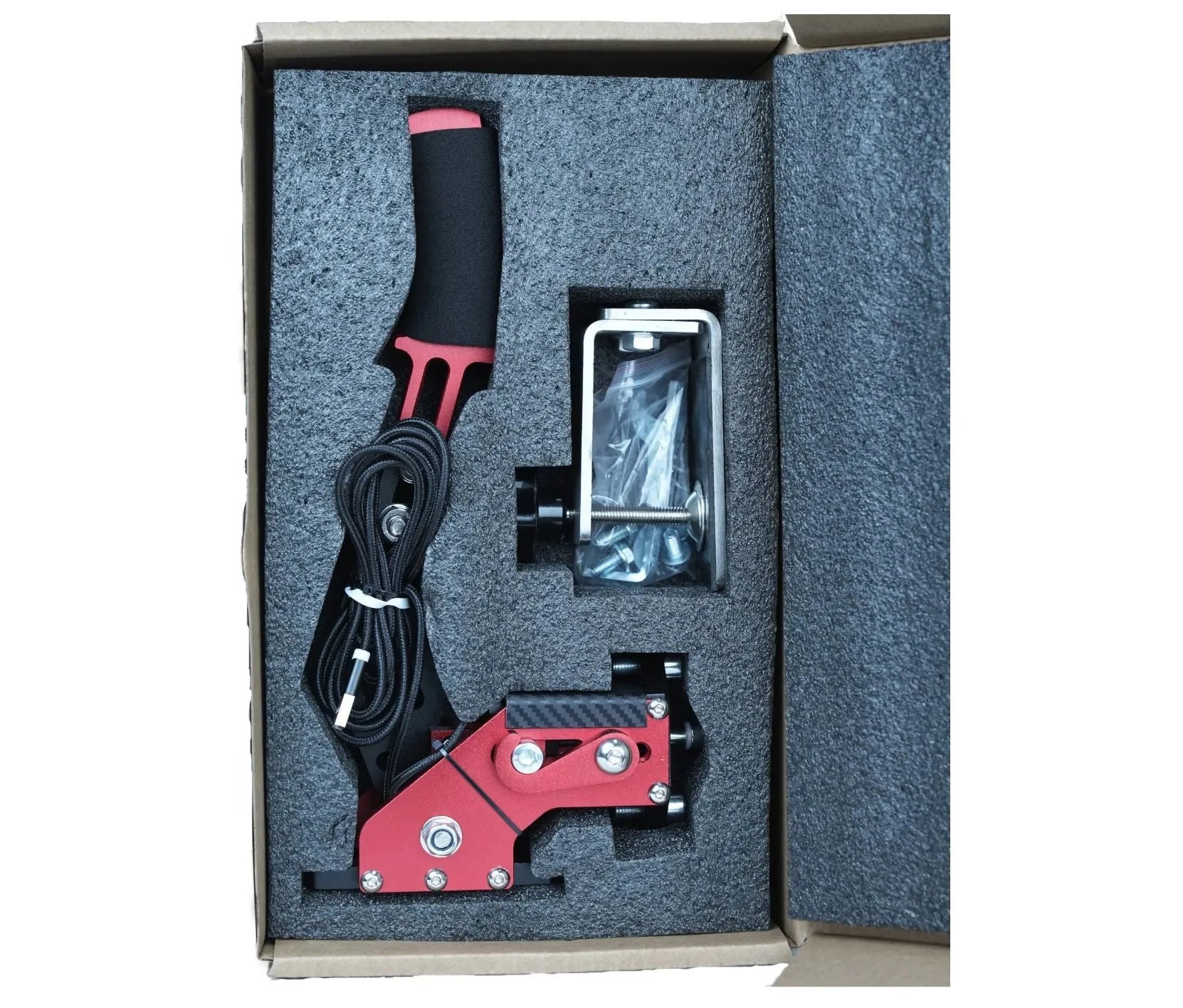 PC racing simulation handbrake with aluminium and stainless steel construction and mounting clamp