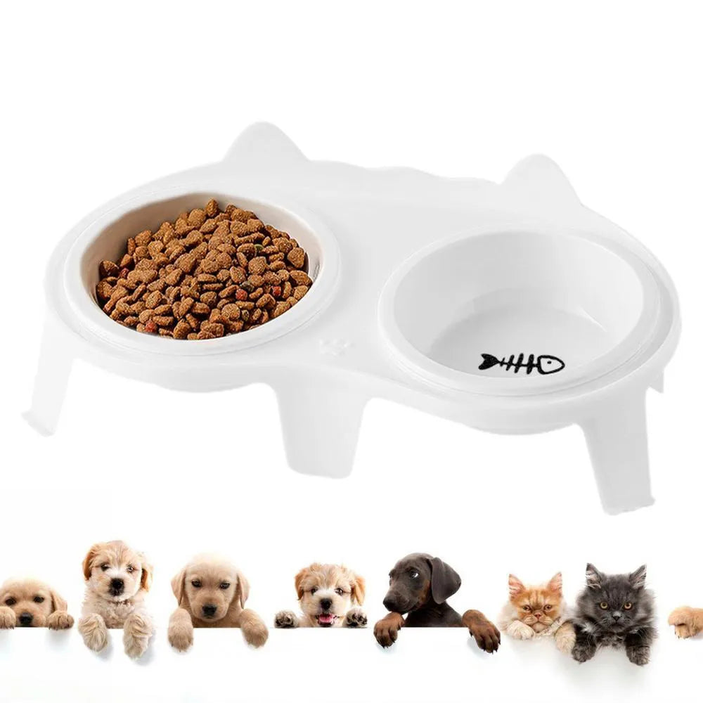 Ceramic cat food and water bowl set with elevated tilted stand in blue, pink, white, or yellow