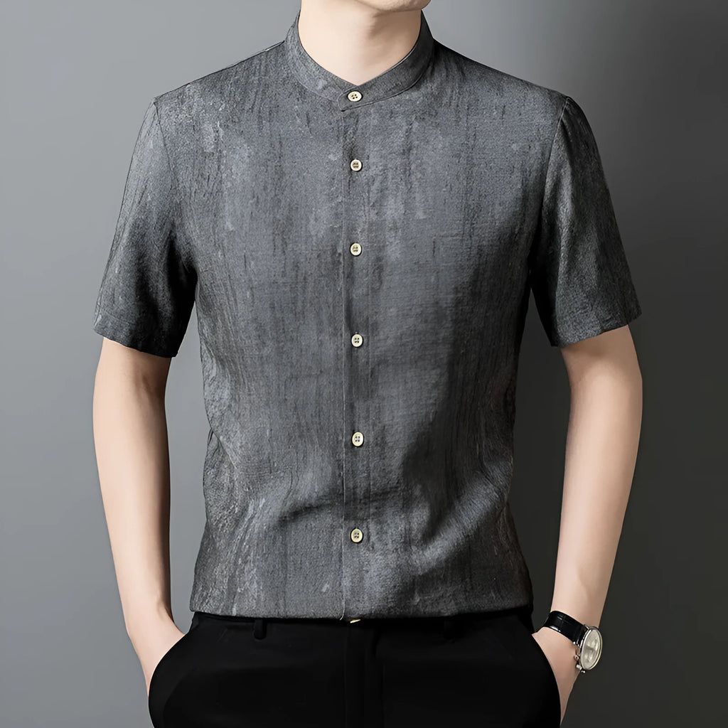 Men's solid colour linen shirt with stand collar in loose cardigan style