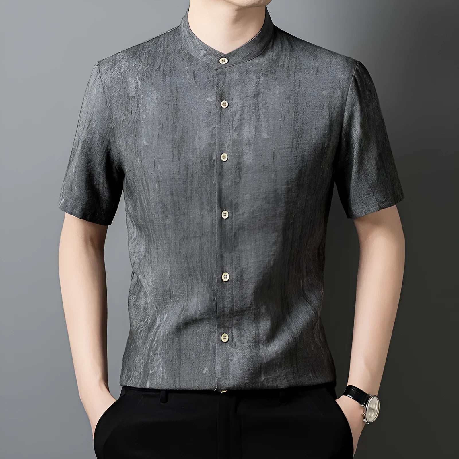 Men's solid colour linen shirt with stand collar in loose cardigan style