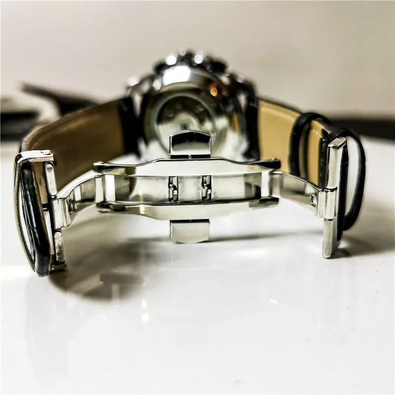 Men's automatic mechanical watch with stainless steel case in silver or black, showing white or black dial options