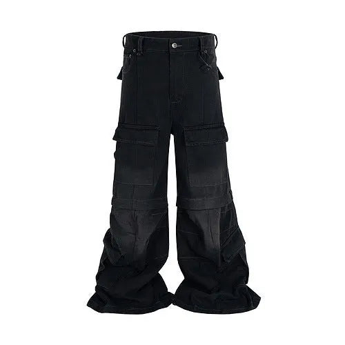Detachable cotton overalls with multiple pockets in worn looking black or blue denim