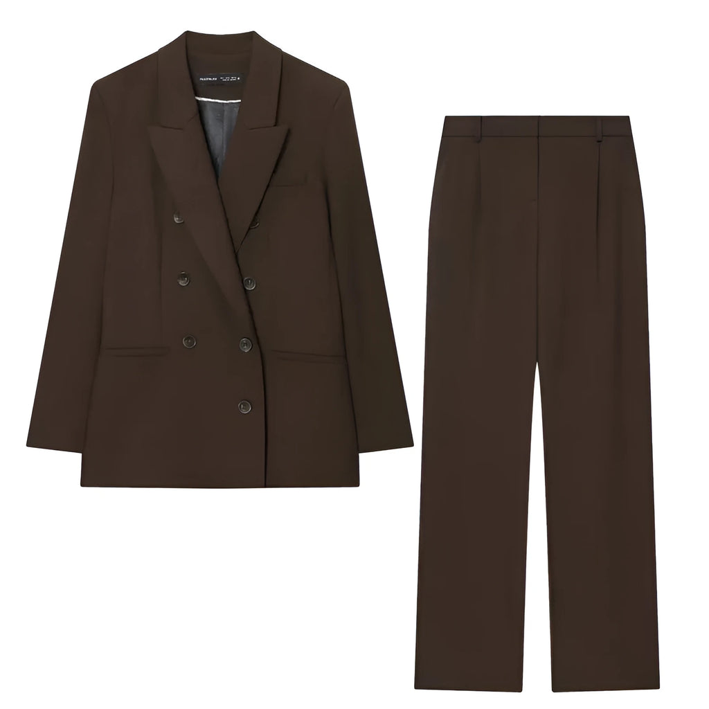 Women's pleated padded shoulder jacket and matching straight-leg trousers set in solid colour
