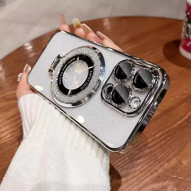 Starry Sky glitter magnetic bracket phone case with lens protector for iPhone, silver gray color