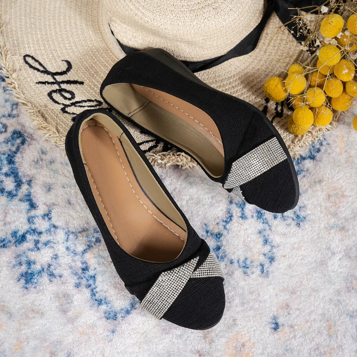 Women's black slip-on casual shoes with rhinestone decoration and chunky heel