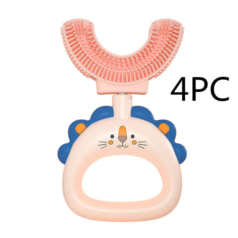 Children's U-shaped silicone toothbrush in blue or pink, little cute lion design, for ages 2-6 and 7-14, food grade silicone