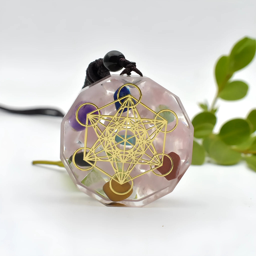 Orgonite pendant necklace with multi-colour crystal chips, resin metal matrix, and quartz crystals for chakra energy balancing