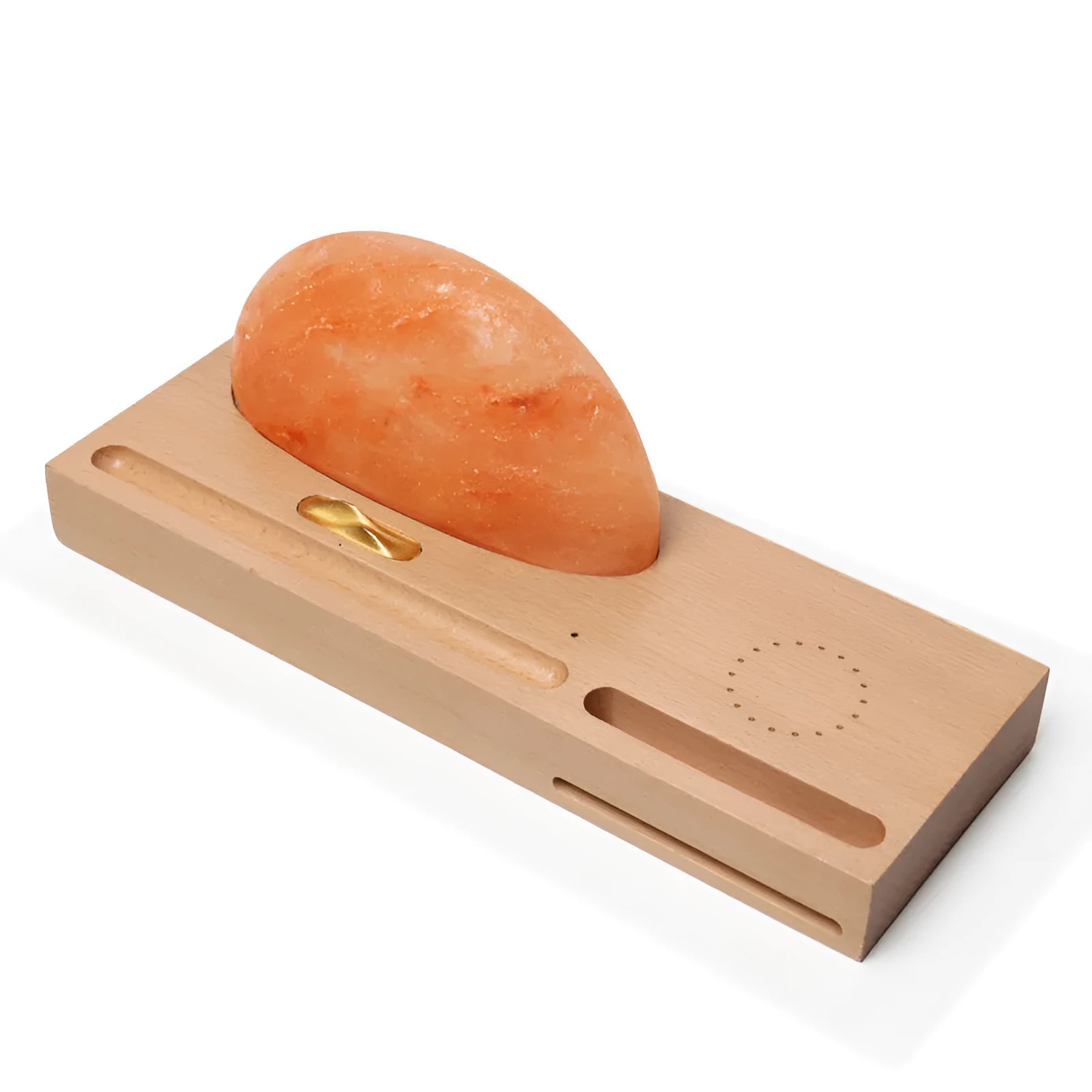 Wooden base Himalayan salt lamp with wireless phone charging pad on top showing warm white glow.