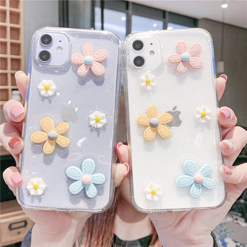 Soft rubber iPhone case with pink girl heart and New Year flower design on a white background.