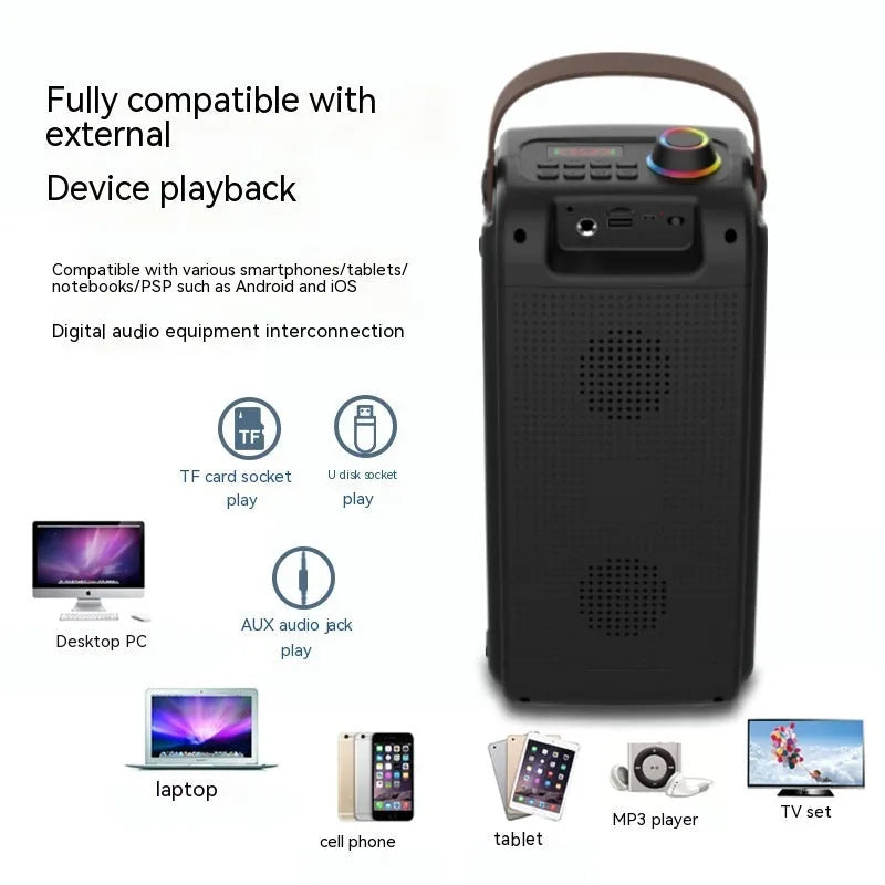 Portable Bluetooth speaker with colour light and radio in black plastic casing with button controls