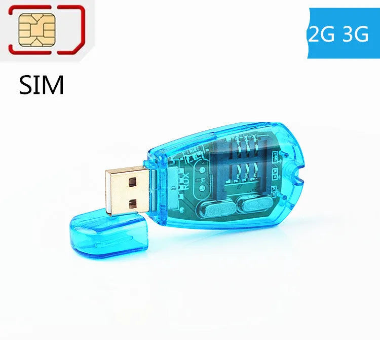 Blue external USB SIM card reader for mobile phone data backup and management