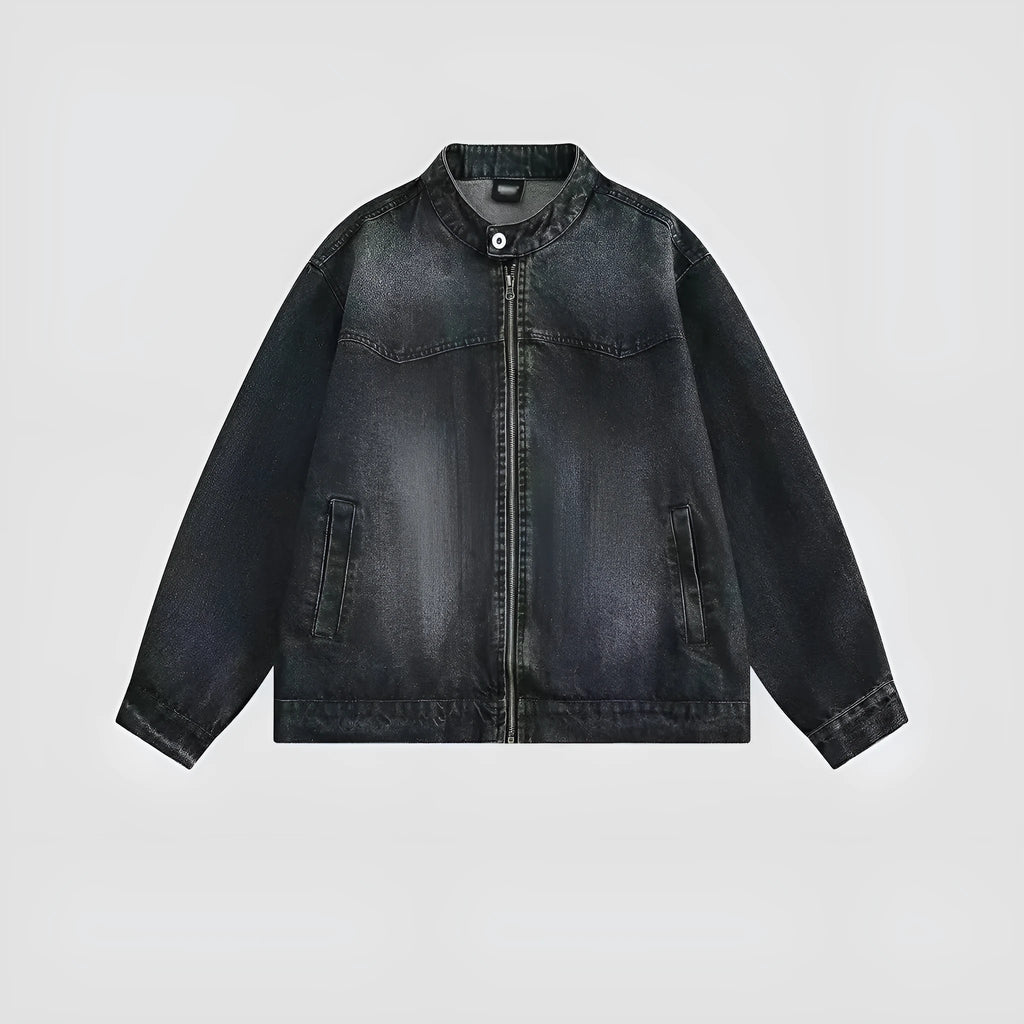 Men's washed vintage denim jacket dark blue long sleeves straight hem polyester