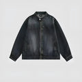 Men's washed vintage denim jacket dark blue long sleeves straight hem polyester
