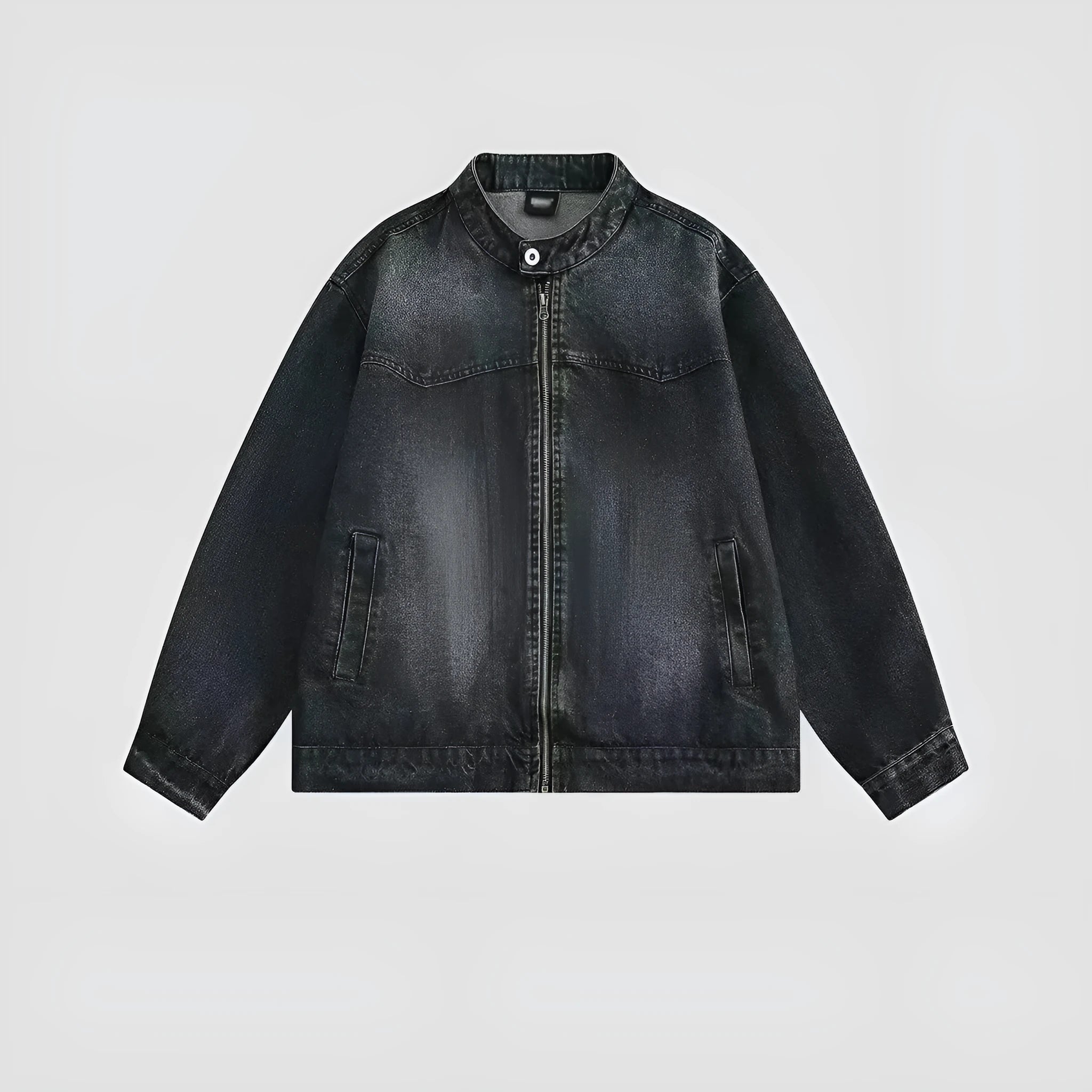 Men's washed vintage denim jacket dark blue long sleeves straight hem polyester