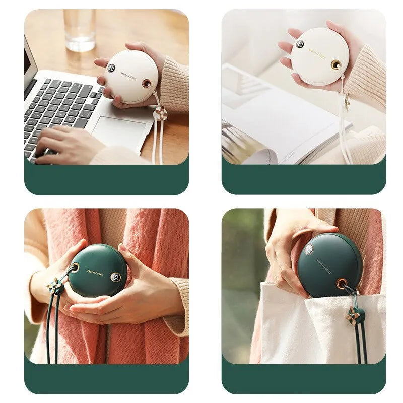 Green 5000mAh power bank with hand warmer function showing digital display, measuring 89.5mm square
