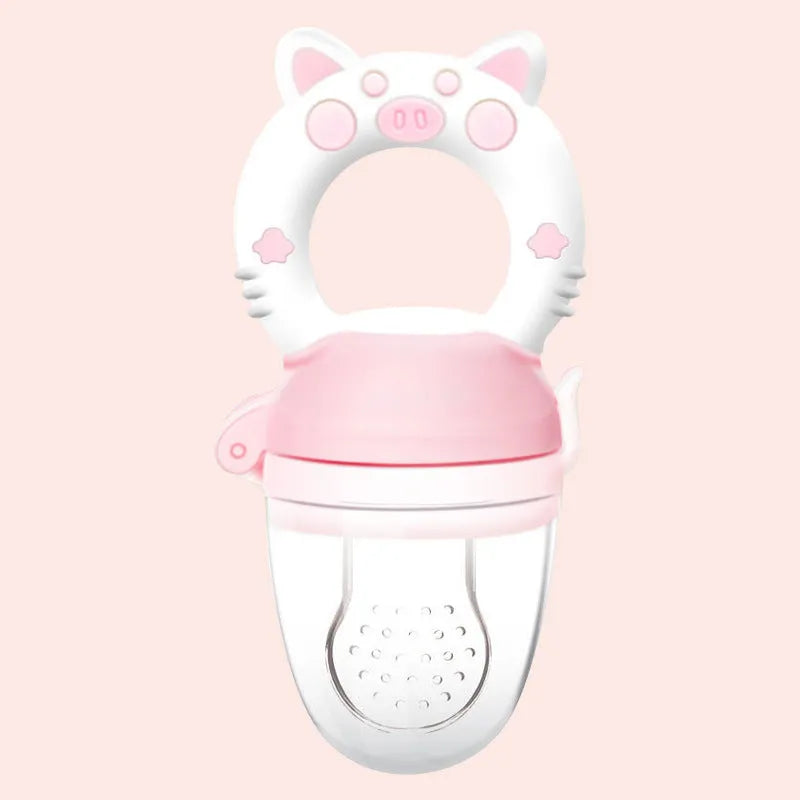 A blue silicone baby teether with a textured mouthpiece for chewing.