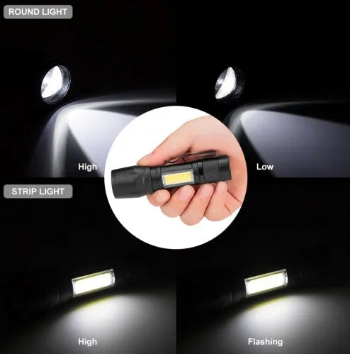 Black aluminium alloy mini torch with adjustable zoom focus and clip for pocket carry