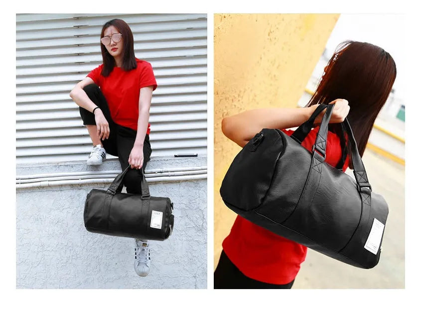 Black waterproof sports bag with shoe compartment and diagonal straps shown in two size options