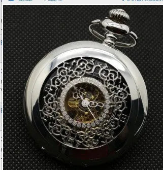 Retro hollow floral print automatic mechanical pocket watch with alloy case and transparent back