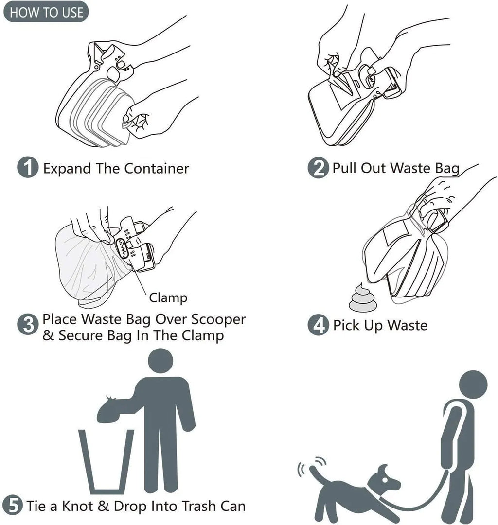 Blue portable pooper scooper with expandable container and carabiner clip for dog waste cleanup