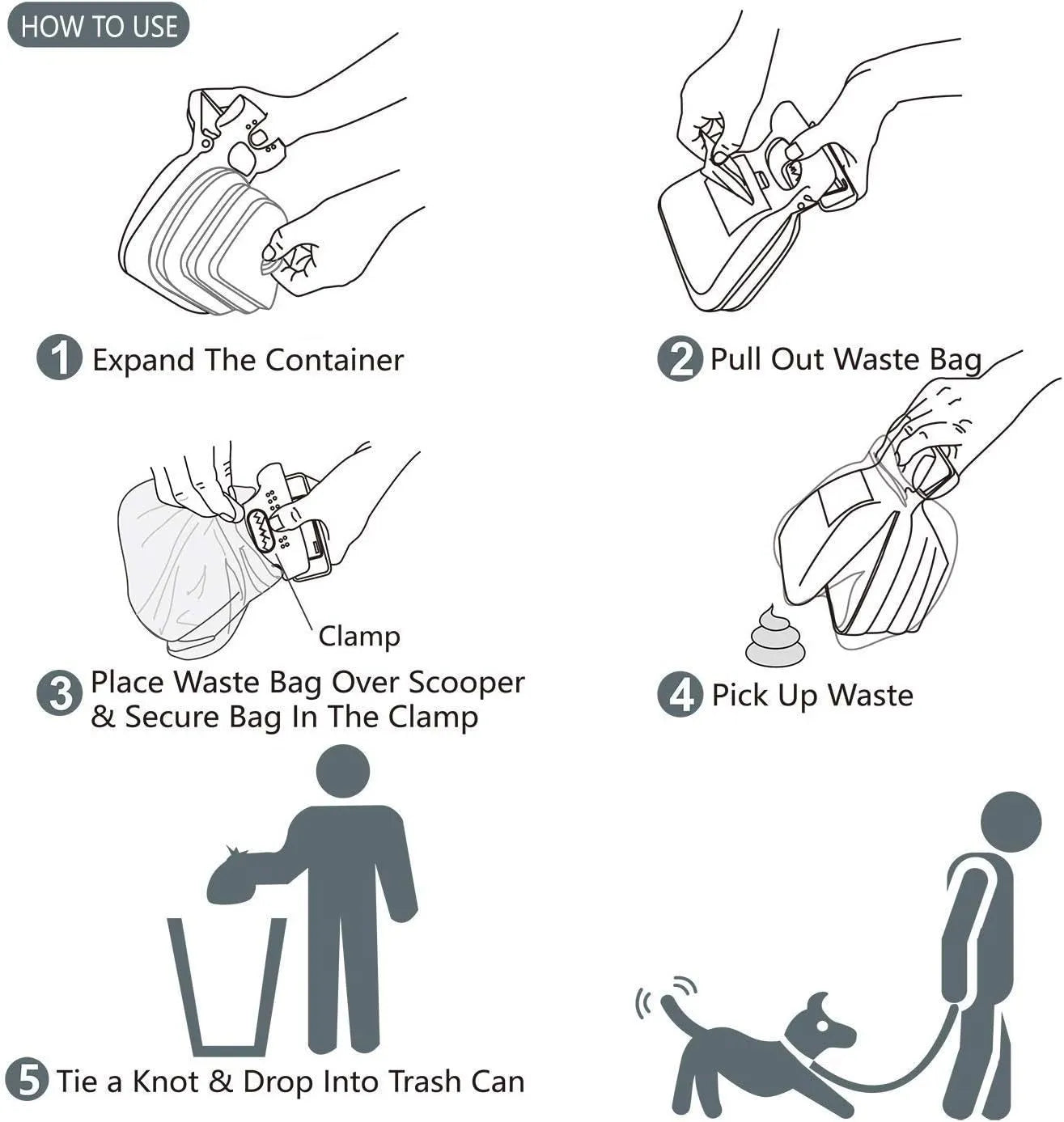 Blue portable pooper scooper with expandable container and carabiner clip for dog waste cleanup