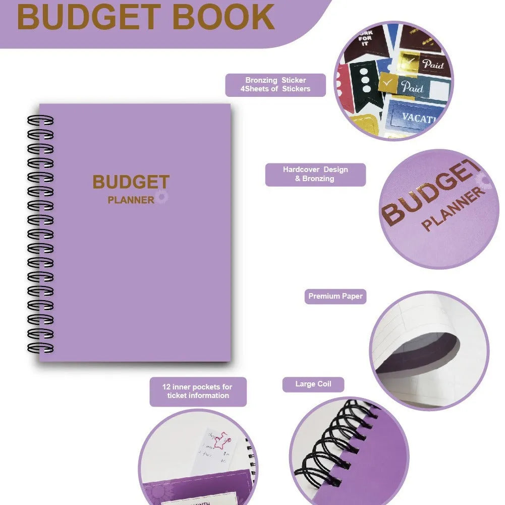 Purple coil-bound financial planning notebook with stickers, pen, and paper clips for monthly budget tracking
