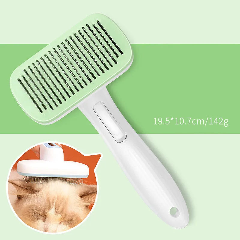 Automatic pet hair removal comb for dogs and cats in blue, grey, green, or pink.
