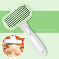 Automatic pet hair removal comb for dogs and cats in blue, grey, green, or pink.