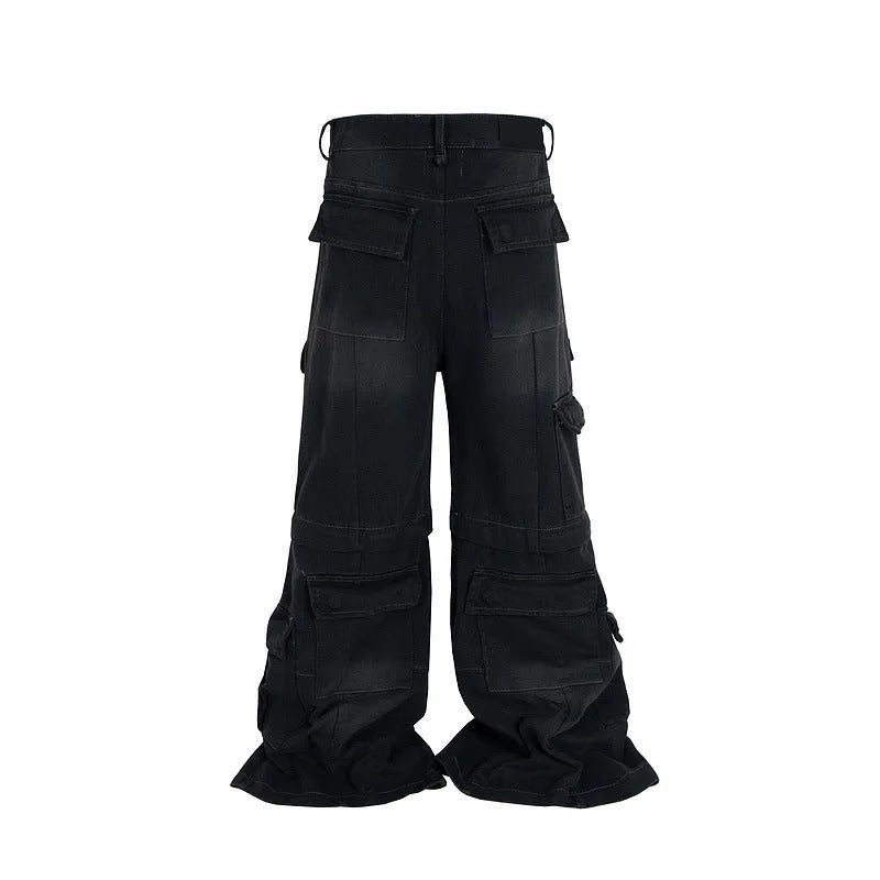 Detachable cotton overalls with multiple pockets in worn looking black or blue denim
