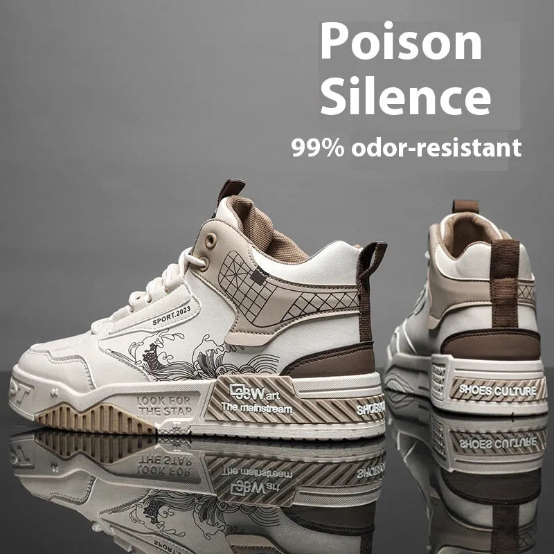 Men's high-top board shoes in beige, white and blue colours with mesh lining and rubber sole