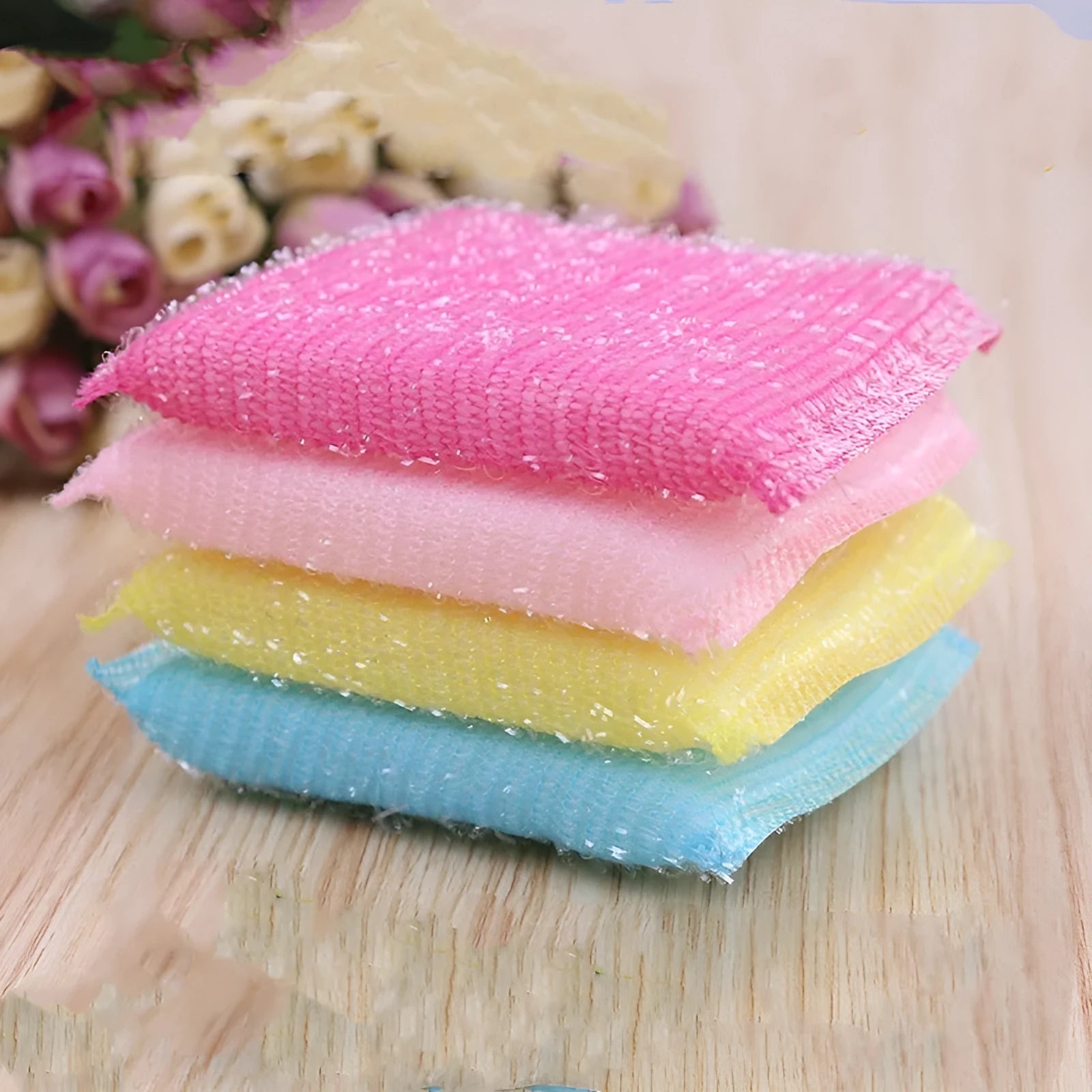 Fine stripe dishwashing sponge mop in macaron mixed colours showing pinstripe fabric texture and compact design