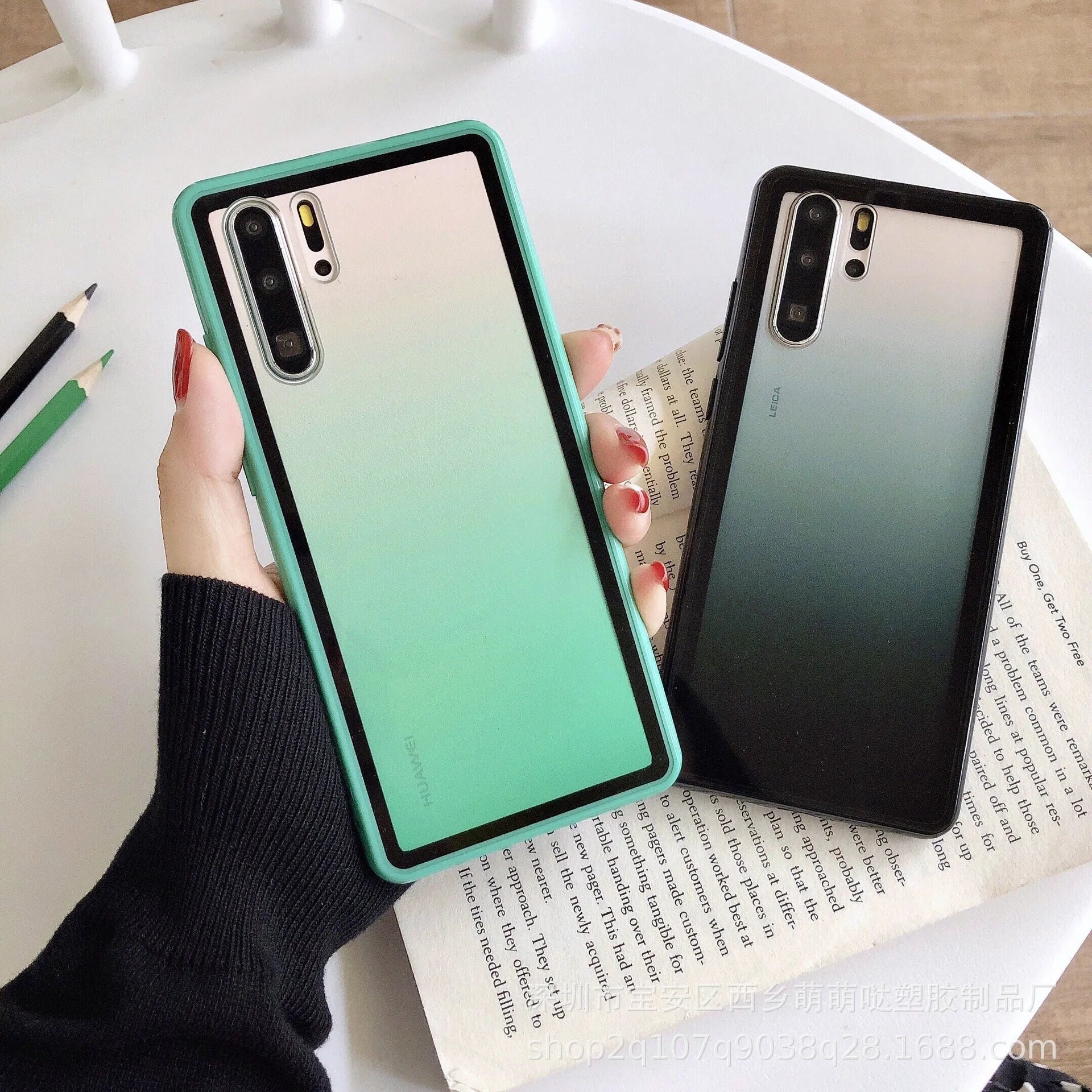 Huawei mobile phone case in TPU+PC material shown in black, green, orange, and pink colour options
