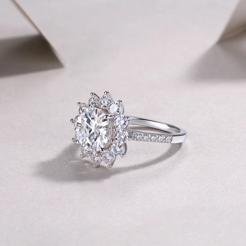 Sunflower wedding ring set with 3-carat moissanite centre stone in platinum-plated S925 silver band, gift box and GRA certificate