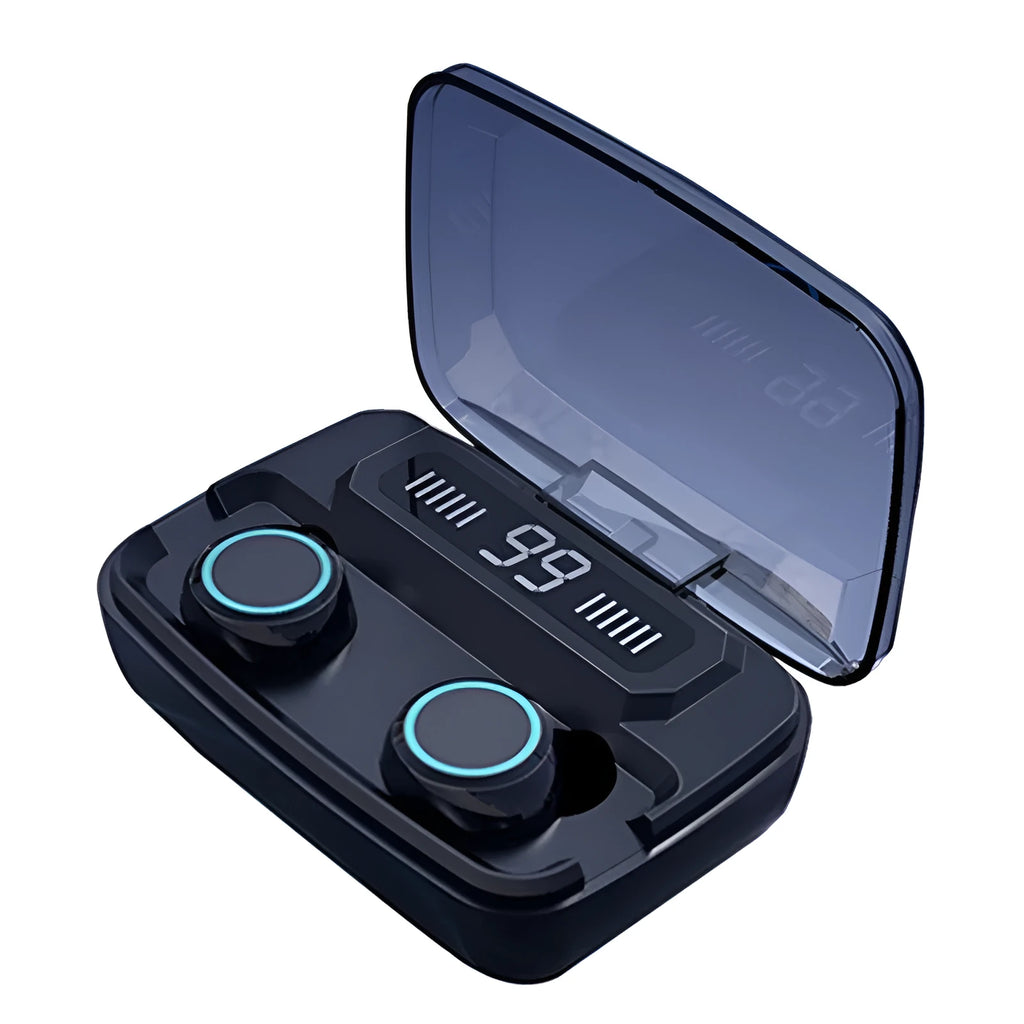 Black M11 wireless Bluetooth headset with digital display and charging case