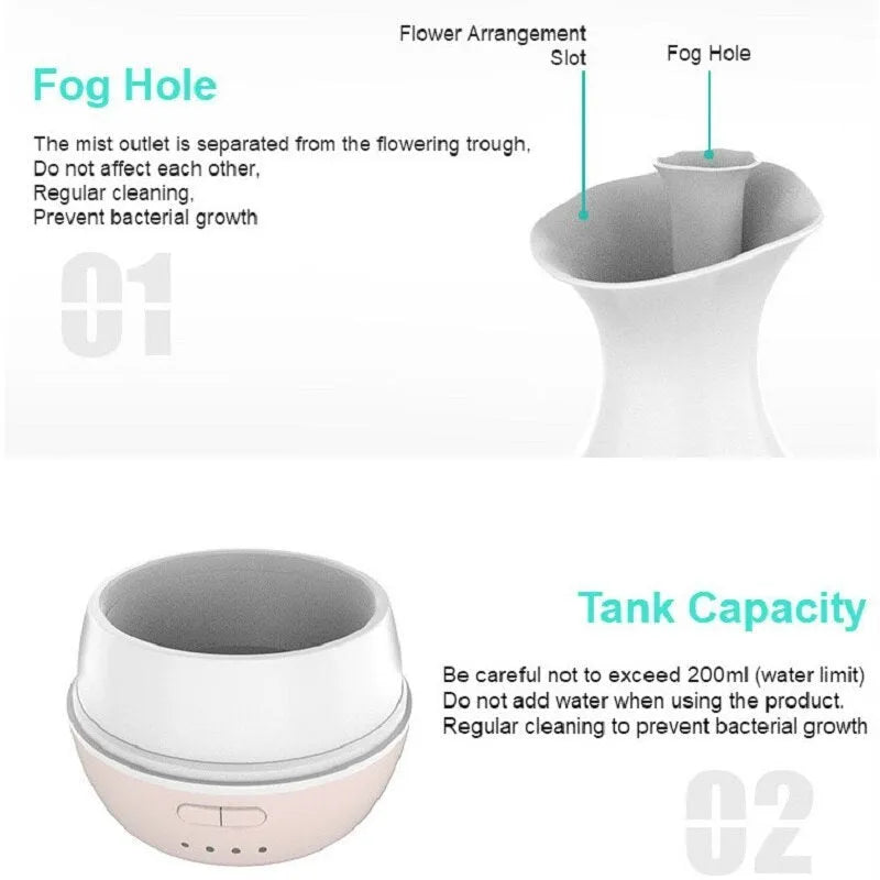 White or pink ultrasonic essential oil diffuser with water tank and multicolour LED night light on a table.