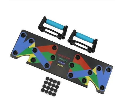 9 in 1 push up rack training board with colour-coded chest, shoulders, back, and triceps zones, leather mat, and two foam handbars