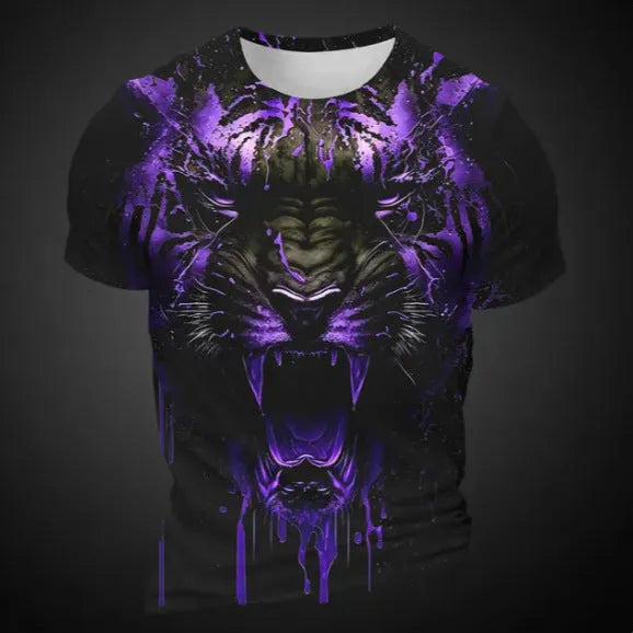 Men's grey T-shirt with a detailed 3D tiger head design printed on the chest.