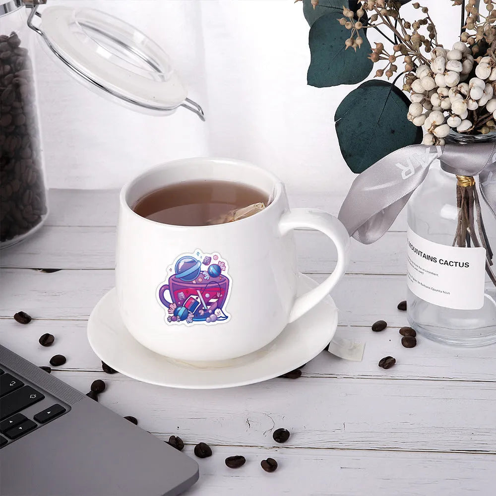 Colourful tea cup graffiti design stickers on scooter and luggage, 50 piece waterproof vinyl pack