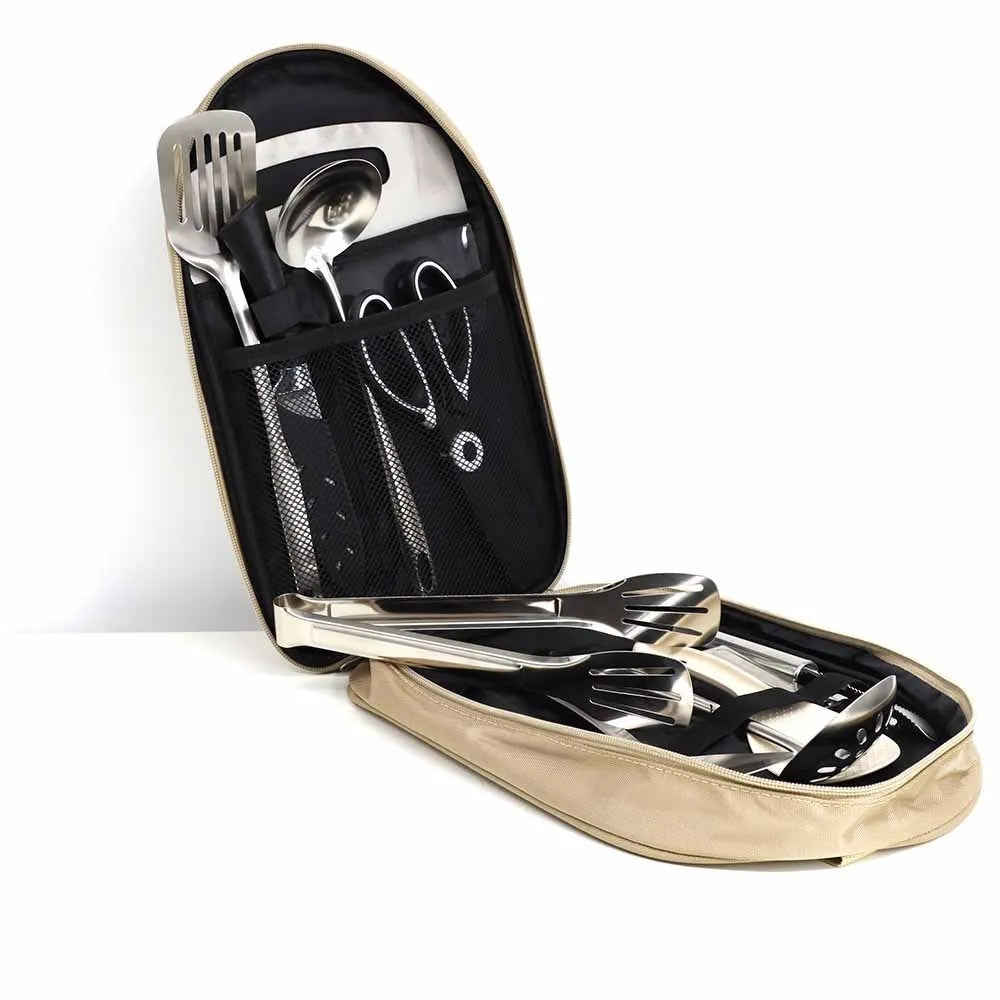 12-piece stainless steel camping kitchenware set in portable storage bag for outdoor cooking