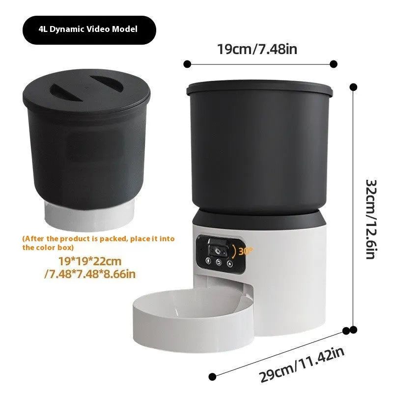 4L smart pet feeder for cats and dogs with WiFi app control and optional camera on a wooden floor.