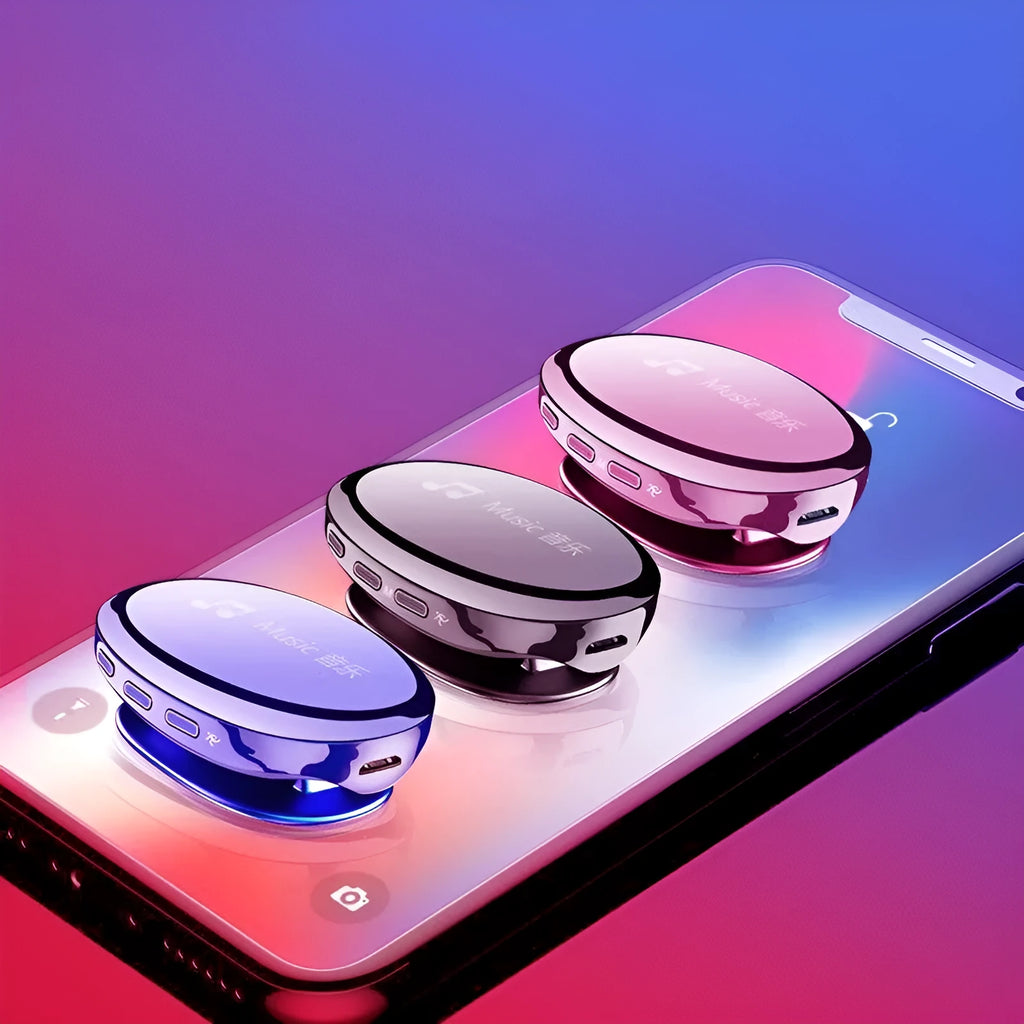 Blue Bluetooth MP4 music player with OLED screen showing track information.