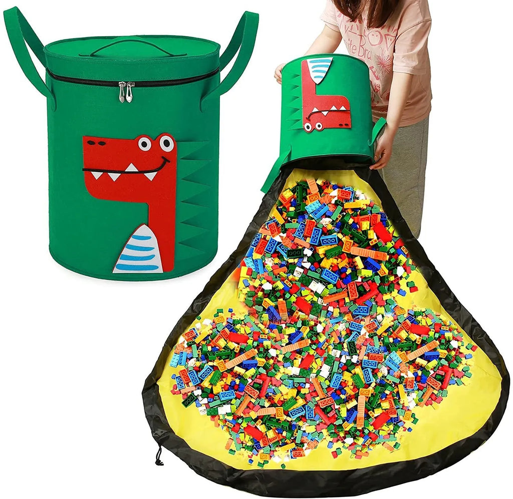 Green felt cube storage bag with pull rope closure opened as play mat