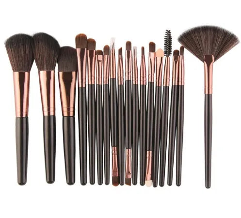 18-piece makeup brush set showing various brush shapes including fan tools for powder and contouring
