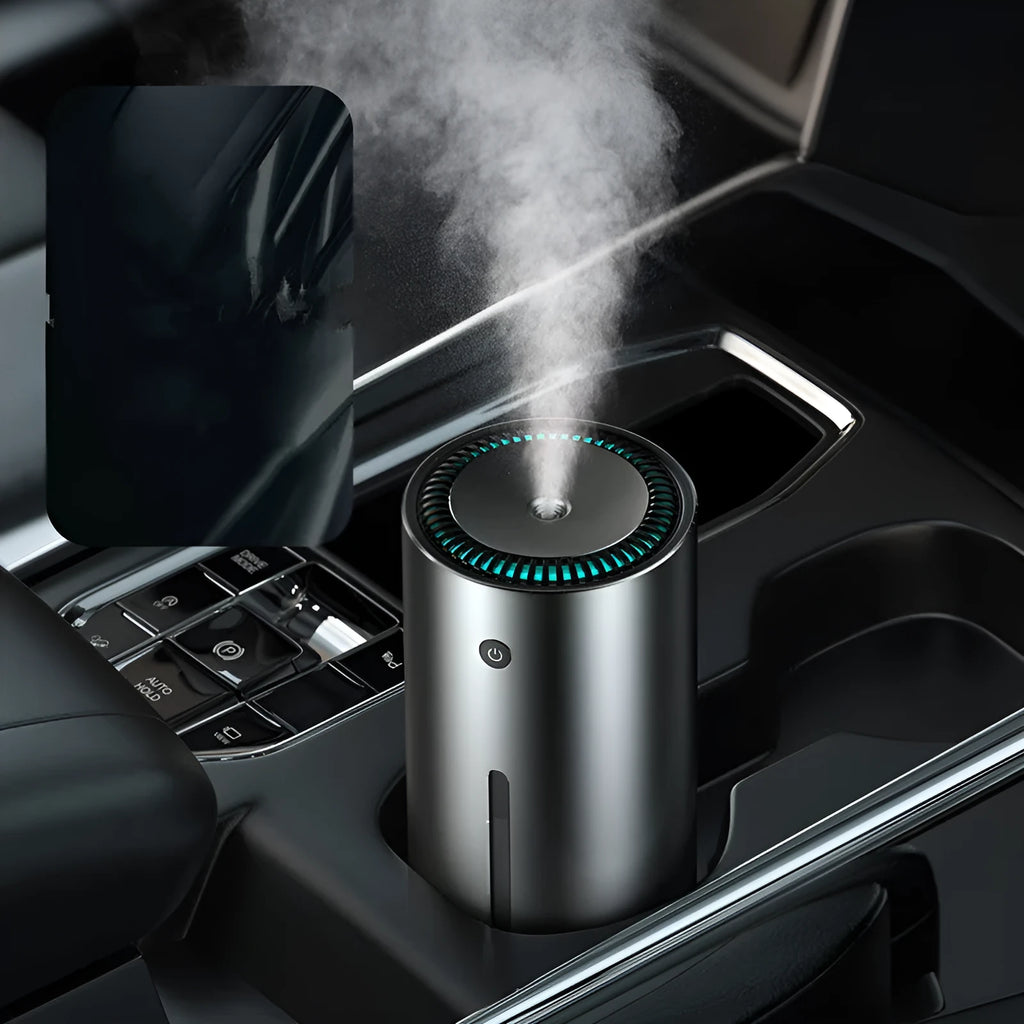 Aluminium alloy car diffuser humidifier and air purifier unit in black or dark grey.