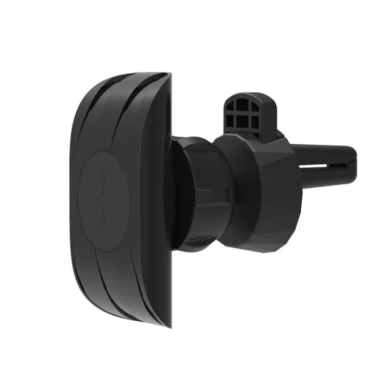 Black car phone holder attached to vehicle air vent with phone securely mounted