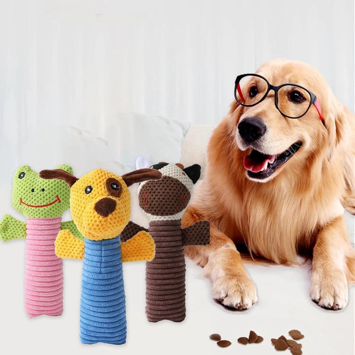 Squeaky stuffed animal dog chew toy in polyester fibre for dental care and chewing relief
