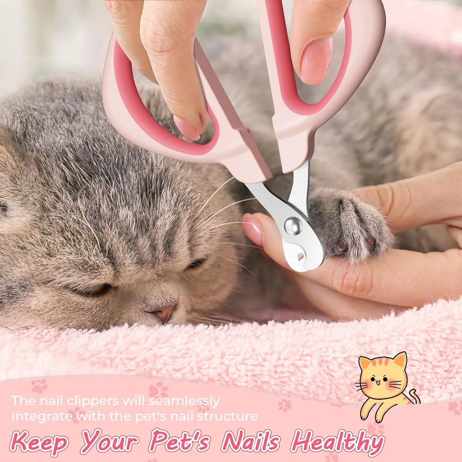 Cat nail clipper with positioning hole and stainless steel blade on pink background